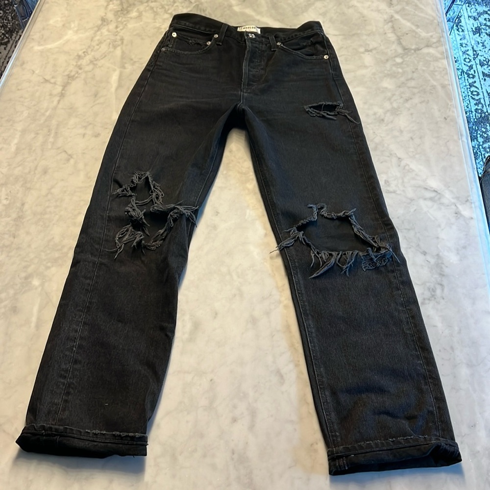 Agolde 90s mid rise loose. Black destroyed. 24
